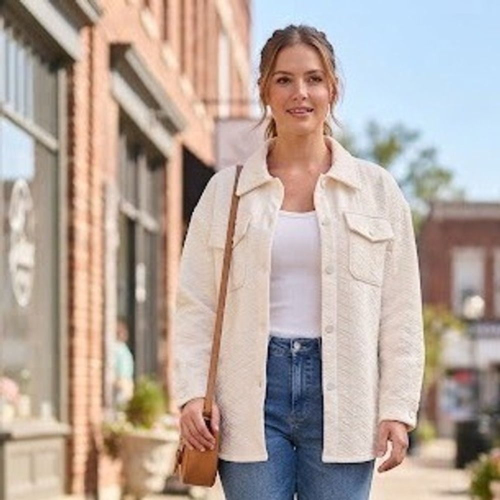 Simply Southern Cream Geometric Quilted Snap Front Shacket Shirt Jacket Small